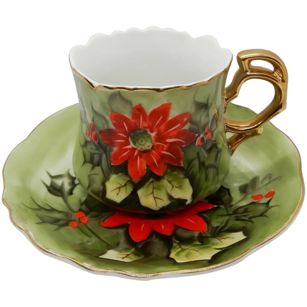 Vtg Lefton Limited Edition Hand Painted Poinsettia 4392 Christmas Cup & Saucer